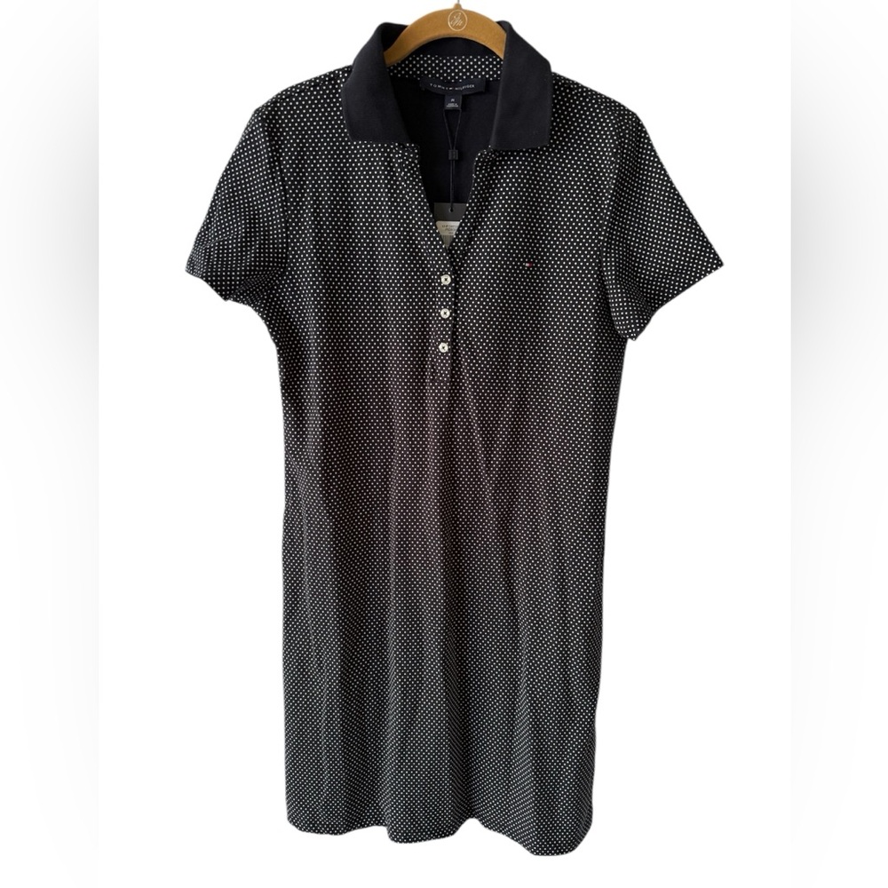 Tommy Hilfiger Women's Dark Navy Blue Polka Dot Short Sleeve Polo Shirt Dress M